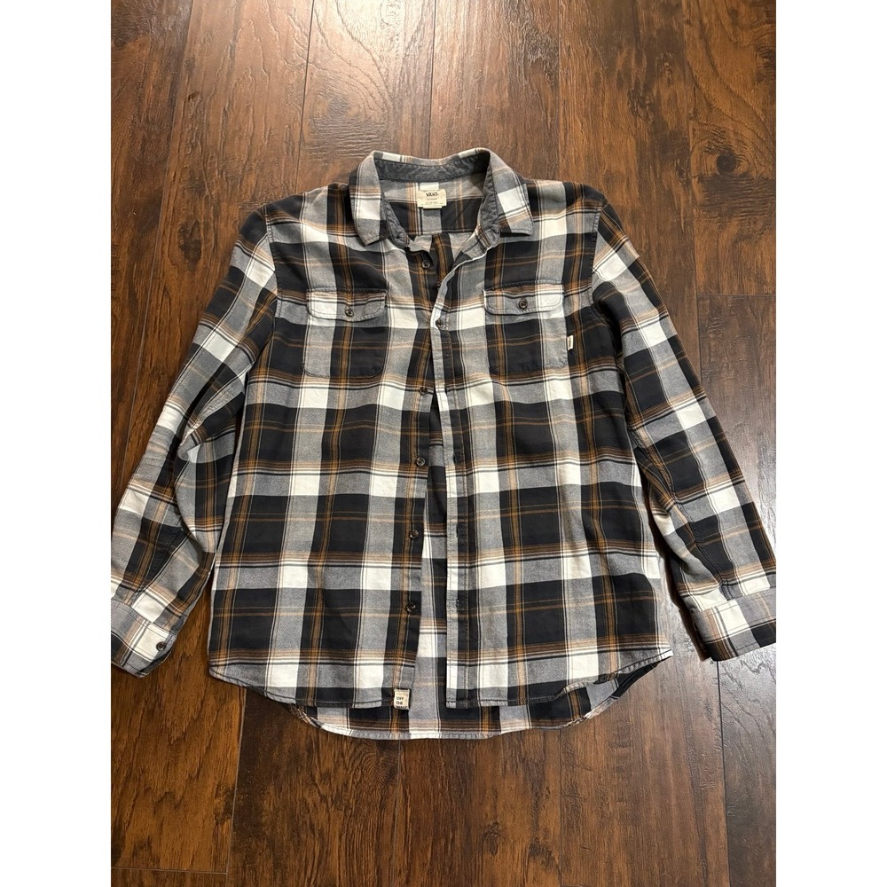 VANS Mens XL Cotton Flannel Plaid Long Sleeve Button Up Shirt Black Brown White